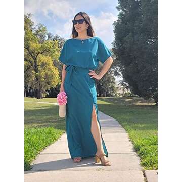 Happy Sailed Women Summer Maxi Dress 2025 Batwing Sleeve Tie Waist Side Split Long Cocktail Party Dresses for Wedding Guest Formal Dresses Evening Gown Light Blue Small