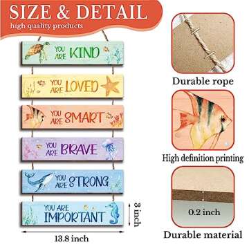 HIWERAN 6 Pieces Ocean Decor Kids Room Decor, Watercolor Ocean Inspirational Positive Quotes Wall Ar...