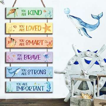 HIWERAN 6 Pieces Ocean Decor Kids Room Decor, Watercolor Ocean Inspirational Positive Quotes Wall Art Decor Hanging Plaque Sign for Teens Children Bedroom Princess Toddler Room-16