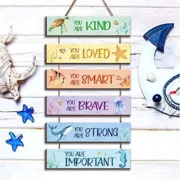 HIWERAN 6 Pieces Ocean Decor Kids Room Decor, Watercolor Ocean Inspirational Positive Quotes Wall Art Decor Hanging Plaque Sign for Teens Children Bedroom Princess Toddler Room-16