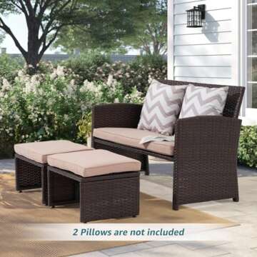 OC Orange-Casual Outdoor Loveseat 3 Piece Patio Furniture Set Outdoor Conversation Set All-Weather Wicker Love Seat with Ottoman/Side Table, Brown Rattan, Beige