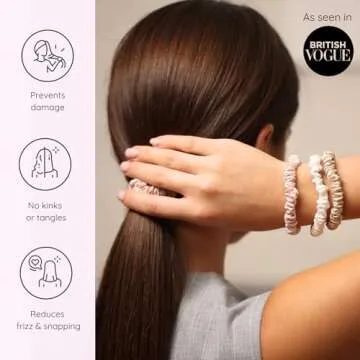 SILKIE x4 Set 100% Pure Mulberry Silk Black Brown Chocolate Pink Nude Neutral Skinny Scrunchies Travel Pouch Everyday Hair Ties Elastics Hair Care Ponytail Holder No Damage (Champagne)