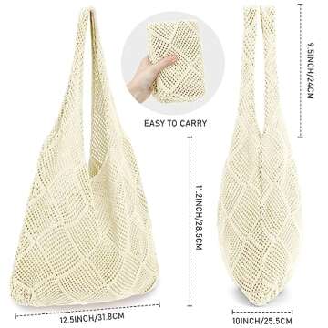 Hatisan Crochet Bags for Women - Summer Beach Tote, Aesthetic Hippie Knit Bag (A-Beige)