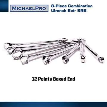 MichaelPro MP001014 8-piece SAE Combination Wrench Tool Set, Patented Spiral Grip Design Spanner Set, 15 Degree Offset Wrench Set at Open End, SAE Wrench Set for Mechanic