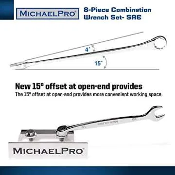MichaelPro MP001014 8-piece SAE Combination Wrench Tool Set, Patented Spiral Grip Design Spanner Set, 15 Degree Offset Wrench Set at Open End, SAE Wrench Set for Mechanic