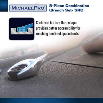 MichaelPro MP001014 8-piece SAE Combination Wrench Tool Set, Patented Spiral Grip Design Spanner Set, 15 Degree Offset Wrench Set at Open End, SAE Wrench Set for Mechanic