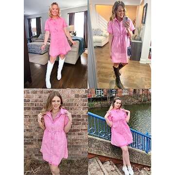 Utyful Pink Babydoll Dress Pink Dresses for Women Denim Button Down Shirt Women Cute Summer Dresses ...