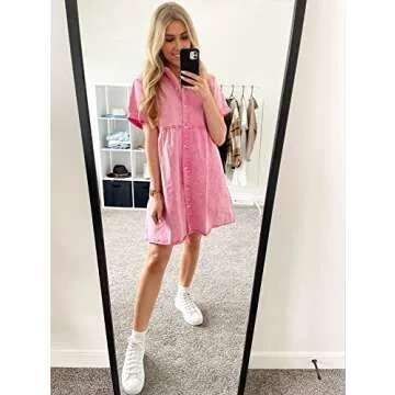 Utyful Pink Babydoll Dress Pink Dresses for Women Denim Button Down Shirt Women Cute Summer Dresses Pink Size Small Fits Size 4 / Size 6