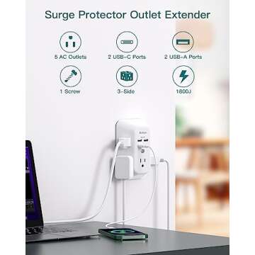 Surge Protector Outlet Extender - Addtam 5-Outlet Splitter with 4 USB Wall Charger(2 USB-C Ports), M...