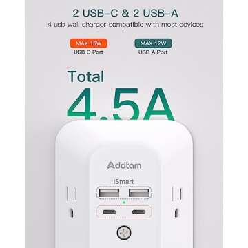 Surge Protector Outlet Extender - Addtam 5-Outlet Splitter with 4 USB Wall Charger(2 USB-C Ports), Multi Plug Outlet Power Strip for Home, Dorm Room Essentials
