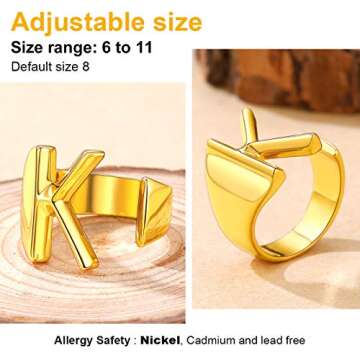 FindChic Gold Letter Ring Initial K Statement Open Rings for Women Alphabet Knuckle Middle Finger 18K Gold Plated Chunky Adjustable Fashion Name Rings Personalized Jewelry Gift