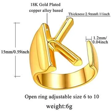 FindChic Gold Letter Ring Initial K Statement Open Rings for Women Alphabet Knuckle Middle Finger 18K Gold Plated Chunky Adjustable Fashion Name Rings Personalized Jewelry Gift
