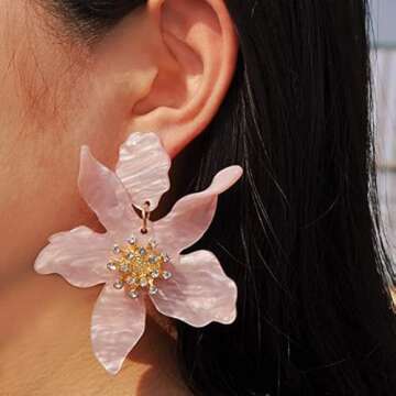 Boho Flower Drop Dangle Earrings for Women - Pink Statement Earring Jewelry Sister Mom Lover and Fri...