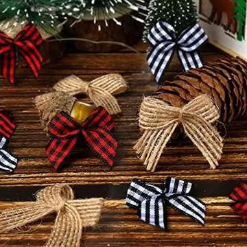 WHQXFDZ 120 PCS Christmas Mini Plaid Burlap Bows Christmas Buffalo Plaid Bows Ornament for Christmas Tree Crafts Home Decoration DIY Making(Multiple Colors)