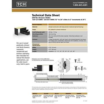 TCH 20 Inch Heavy Duty Drawer Slides - 250 lbs Capacity