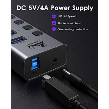 LIONWEI Universal 8-Port Powered USB 3.0/USB C Hub, Aluminum USB Splitter with 6 USB 3.0 Data Ports, SD/TF Card Readers, On/Off Power Switches, AC Adapter