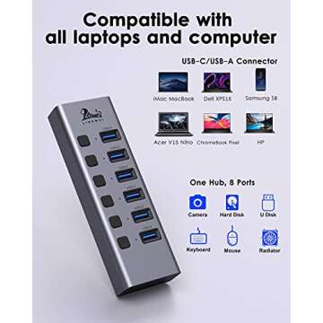 LIONWEI Universal 8-Port Powered USB 3.0/USB C Hub, Aluminum USB Splitter with 6 USB 3.0 Data Ports, SD/TF Card Readers, On/Off Power Switches, AC Adapter