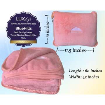 BlueHills Premium Soft Travel Blanket Pillow Airplane Blanket in Soft Bag case with Hand Luggage Belt and Carabiner Compact Pack Large Cozy Portable for Plane Car Train Transit Light Pink T020