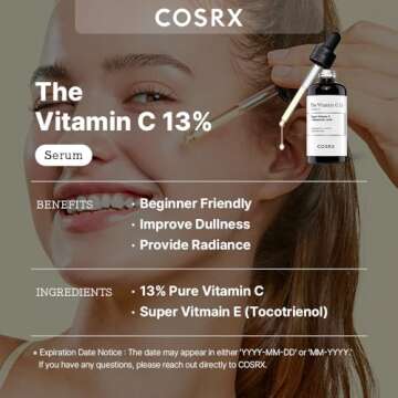 COSRX Pure Vitamin C 13% Serum with Vitamin E & Hyaluronic Acid, Hydrating Facial Serum for Fine Lines, Uneven Skin Tone & Dull Skin, 0.67fl.oz/20ml, Korean Skin Care