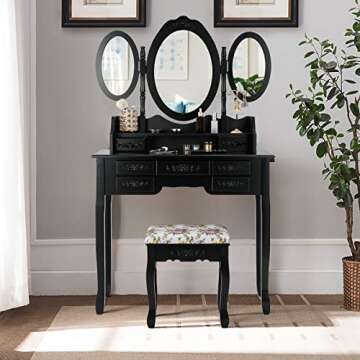 CHARMAID Vanity Set with Tri-Folding Mirror and Cushioned Stool, Dressing Table with 7 Drawers and a...