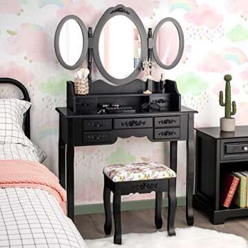 CHARMAID Vanity Set with Tri-Folding Mirror and Cushioned Stool, Dressing Table with 7 Drawers and a Shelf, Makeup Table Writing Desk with Removable Top, Makeup Vanity Set for Women Girls (Black)