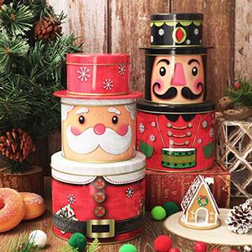 Whaline 2 Pack Christmas Food Tin Box Set Large Santa Claus Nutcracker Design Cookie Tin 3D Metal for Storing Treat Chocolate Wrapping Party Favor