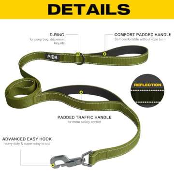 Fida 6 FT Heavy Duty Dog Leash with 2 Comfortable Padded Handles, Traffic Handle & Advanced Easy Sna...