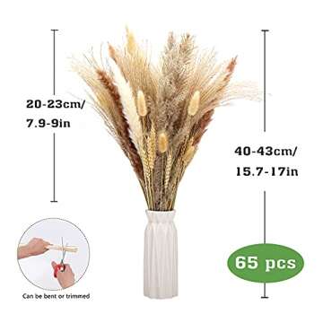 65 Pcs Pampas Grass, 17'' Natural Dried Pampas Grass Decor Plants Flower Bouquet for Pampas Grass Vase, Boho Home Decor, Photography, Wedding, Events, Office Decoration