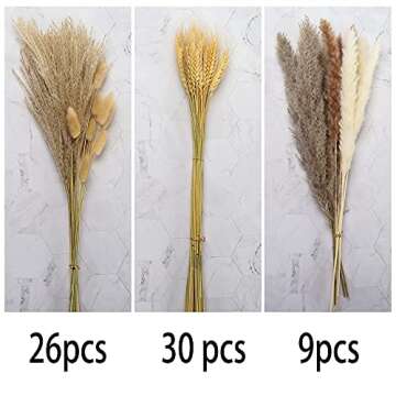 65 Pcs Pampas Grass, 17'' Natural Dried Pampas Grass Decor Plants Flower Bouquet for Pampas Grass Vase, Boho Home Decor, Photography, Wedding, Events, Office Decoration