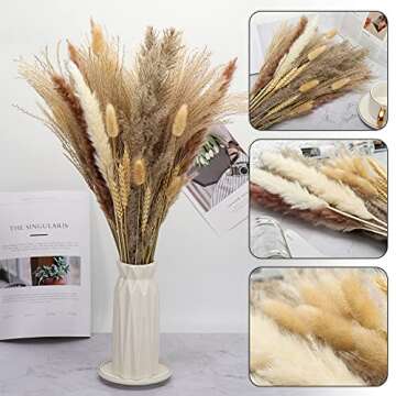 65 Pcs Pampas Grass, 17'' Natural Dried Pampas Grass Decor Plants Flower Bouquet for Pampas Grass Vase, Boho Home Decor, Photography, Wedding, Events, Office Decoration
