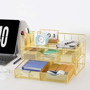 Marbrasse 3 Tier Mesh Desk Organizer with Drawer, Multi-Functional Desk Organizers and Accessories, ...