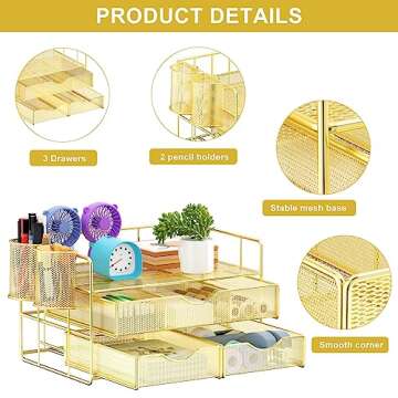 Marbrasse 3 Tier Mesh Desk Organizer with Drawer, Multi-Functional Desk Organizers and Accessories, Paper Letter Organizer with 2 Pen Holder for Home Office Supplies(Gold)