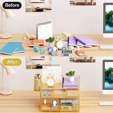 Marbrasse 3 Tier Mesh Desk Organizer with Drawer, Multi-Functional Desk Organizers and Accessories, Paper Letter Organizer with 2 Pen Holder for Home Office Supplies(Gold)