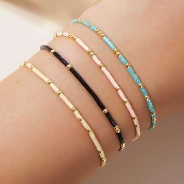 BXDA Gold Seed Beaded Bracelets Set for Women, 5Pcs Boho Handmade Friendship Red Orange Beads Stretc...