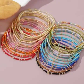 BXDA Gold Seed Beaded Bracelets Set for Women, 5Pcs Boho Handmade Friendship Red Orange Beads Stretch Bracelet Summer Beach Jewelry Gift.