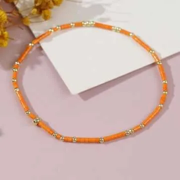 BXDA Gold Seed Beaded Bracelets Set for Women, 5Pcs Boho Handmade Friendship Red Orange Beads Stretch Bracelet Summer Beach Jewelry Gift.