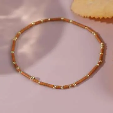 BXDA Gold Seed Beaded Bracelets Set for Women, 5Pcs Boho Handmade Friendship Red Orange Beads Stretch Bracelet Summer Beach Jewelry Gift.