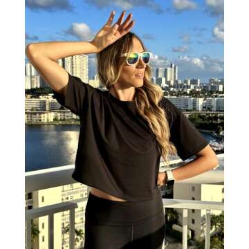 G4Free Workout Shirts Women Loose Fit Basic Crop Tops Gym Exercise Short Sleeve Tshirts Boxy Athleisure Cropped Tees(Black,S)