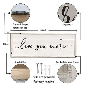 Love You More Sign Wall Decor 41''×16'' Large Vintage Framed Wood Modern Farmhouse Wall Decor for Master Bedroom Above Bed Minimalist Wall Art (White)