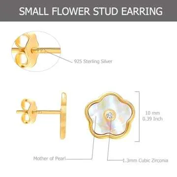 LeCalla 925 Sterling Silver MOP Stud Earrings | 14K Gold-Plated Mother of Pearl Earring | Lightweight Small CZ Flower Stud Earring for Women - 10mm