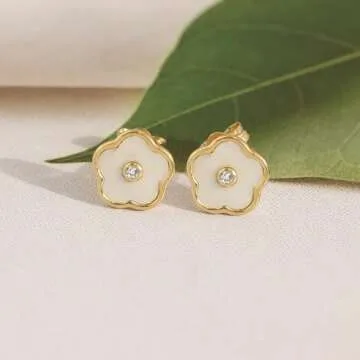LeCalla 925 Sterling Silver MOP Stud Earrings | 14K Gold-Plated Mother of Pearl Earring | Lightweight Small CZ Flower Stud Earring for Women - 10mm