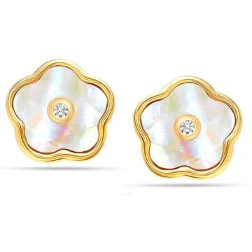LeCalla 925 Sterling Silver MOP Stud Earrings | 14K Gold-Plated Mother of Pearl Earring | Lightweight Small CZ Flower Stud Earring for Women - 10mm