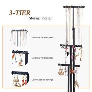 Love-KANKEI Jewelry Organizer Stand Metal & Wood Base and Large Storage Necklaces Bracelets Earrings Holder Organizer Gift Black and Weathered Grey