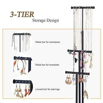 Love-KANKEI Jewelry Organizer Stand Metal & Wood Base and Large Storage Necklaces Bracelets Earrings Holder Organizer Gift Black and Weathered Grey