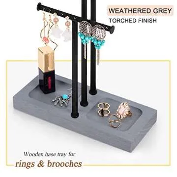 Love-KANKEI Jewelry Organizer Stand Metal & Wood Base and Large Storage Necklaces Bracelets Earrings Holder Organizer Gift Black and Weathered Grey