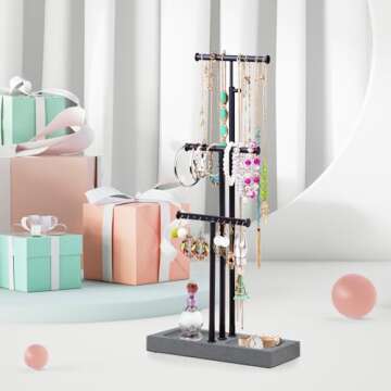 Love-KANKEI Jewelry Organizer Stand Metal & Wood Base and Large Storage Necklaces Bracelets Earrings Holder Organizer Gift Black and Weathered Grey