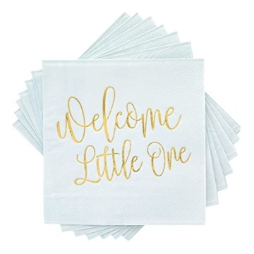 BLUE PANDA 50-Pack Welcome Little One Baby Shower Napkins for Girls - Gold Foil Gender Reveal Decora...