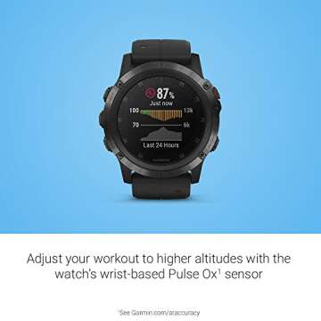 Garmin fenix 5X Plus, Ultimate Multisport GPS Smartwatch, Features Color Topo Maps and Pulse Ox, Heart Rate Monitoring, Music and Contactless Payment, Black with Black Band