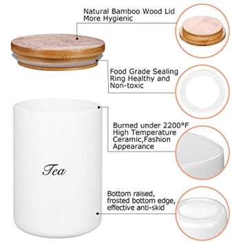 Yangbaga Canisters Sets for Kitchen-Set of 3 Kitchen Canisters for Countertop with Airtight Wood Lids/Spoons/Stickers, Ceramic Food Storage Containers for Large Flour,Suger,Coffee (42/30/9OZ)