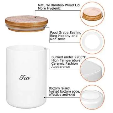 Yangbaga Canisters Sets for Kitchen-Set of 3 Kitchen Canisters for Countertop with Airtight Wood Lids/Spoons/Stickers, Ceramic Food Storage Containers for Large Flour,Suger,Coffee (42/30/9OZ)